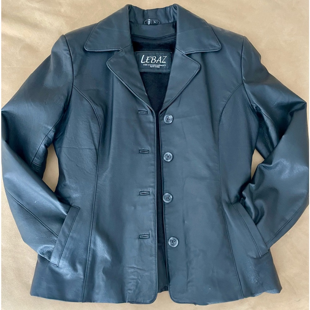 Lebaz fur lined black italian leather ladies jacket size large.